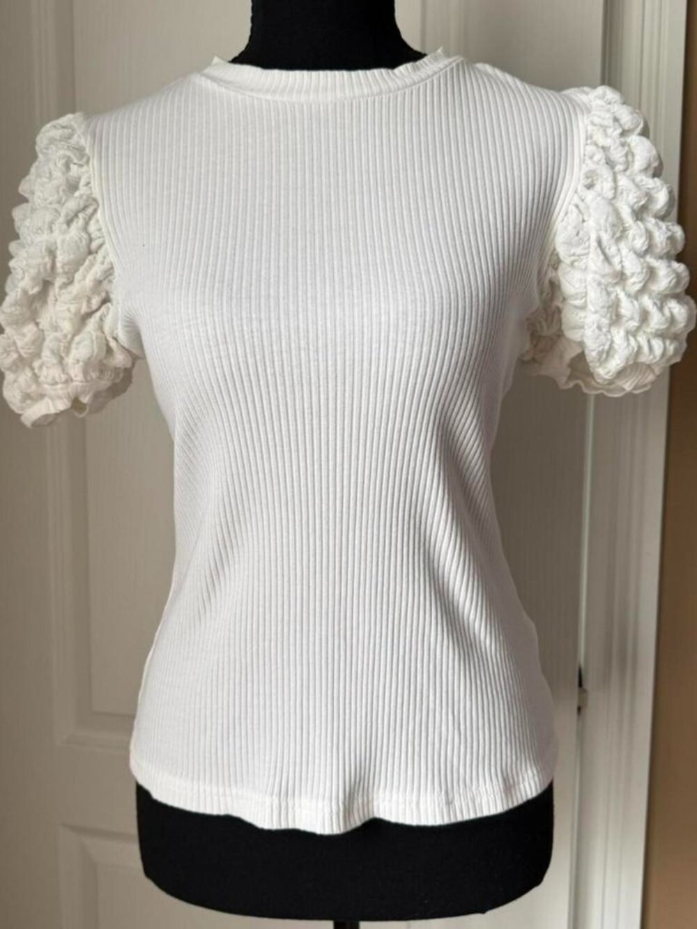 SHEIN White Ribbed Knit Textured Bubble Puff Sleeve Top Size Large